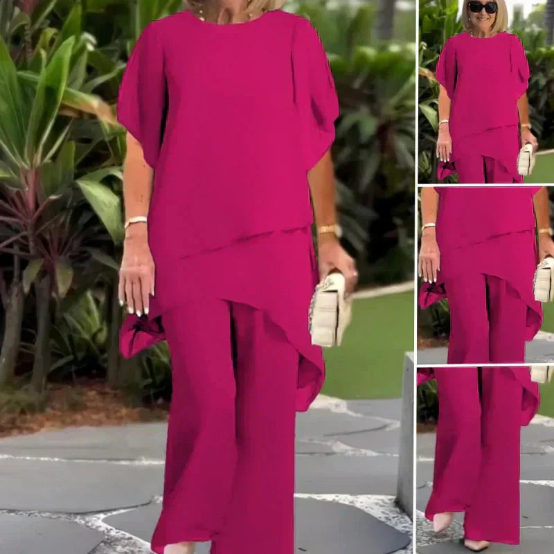 Charming Irregular Cut Top Set Elegant Wide-Leg Trouser Set – Comfortable and Perfect for Spring