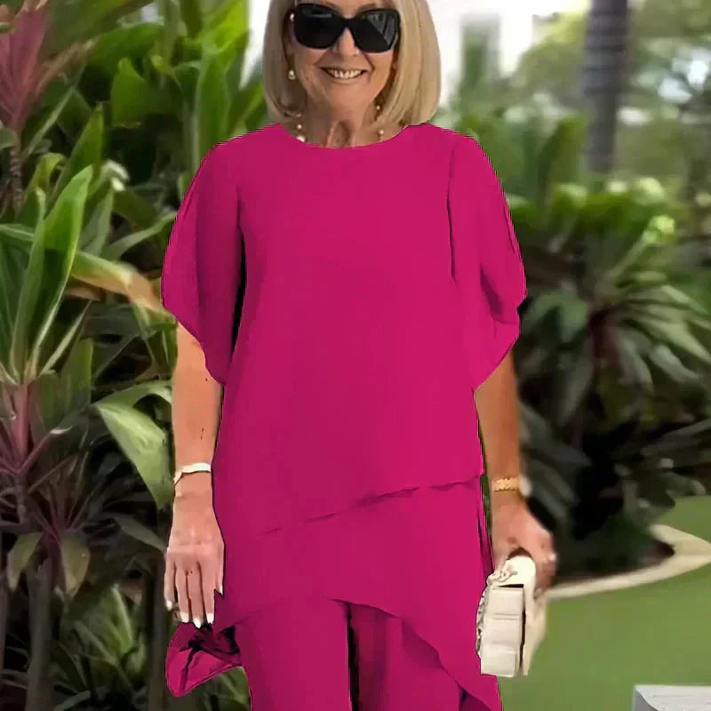 Charming Irregular Cut Top Set Elegant Wide-Leg Trouser Set – Comfortable and Perfect for Spring