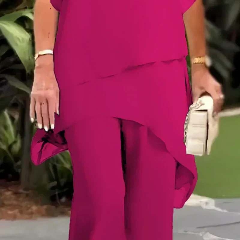 Charming Irregular Cut Top Set Elegant Wide-Leg Trouser Set – Comfortable and Perfect for Spring