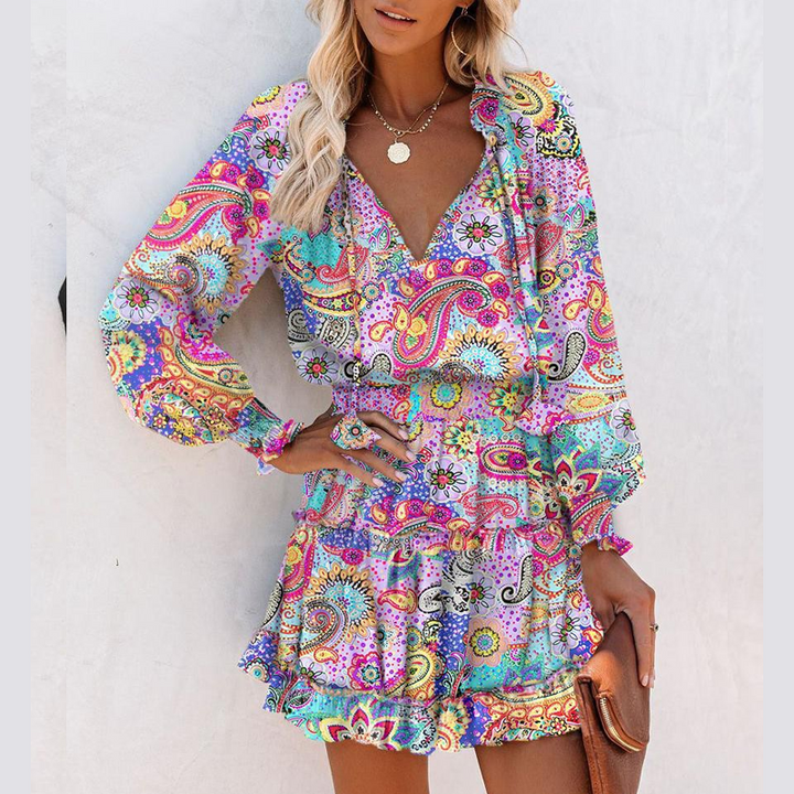 Women's V-Neck Long Sleeve Mini Dress with Ruffle Hem