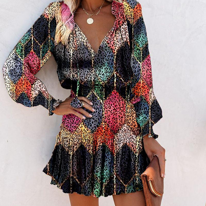 Women's V-Neck Long Sleeve Mini Dress with Ruffle Hem
