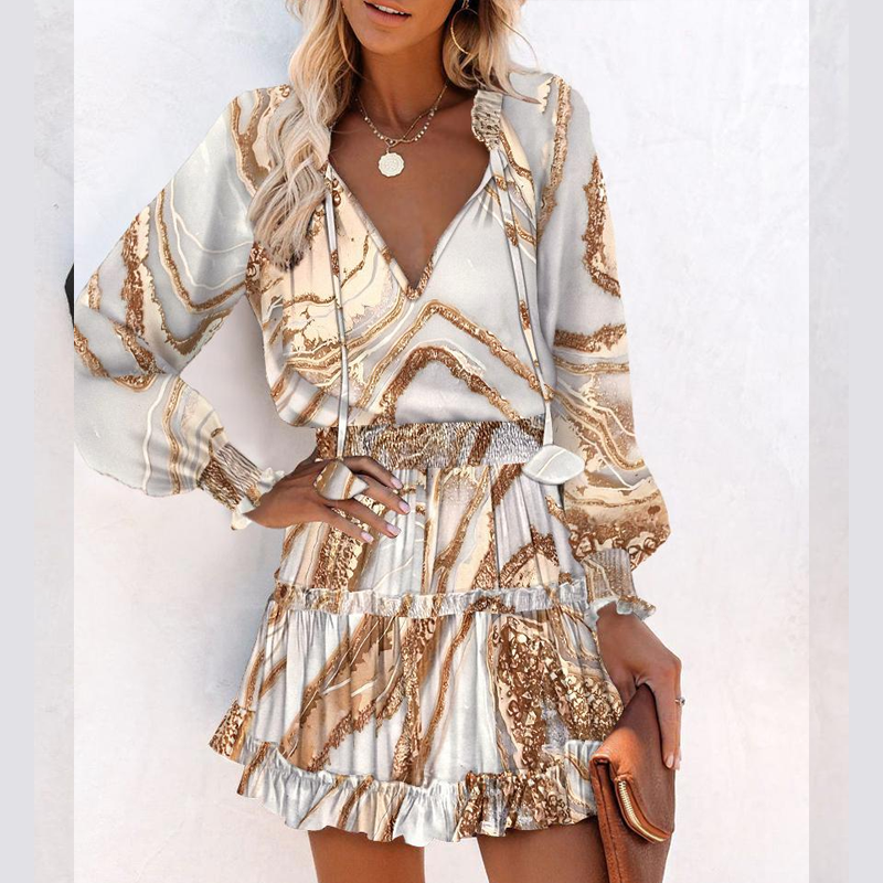 Women's V-Neck Long Sleeve Mini Dress with Ruffle Hem