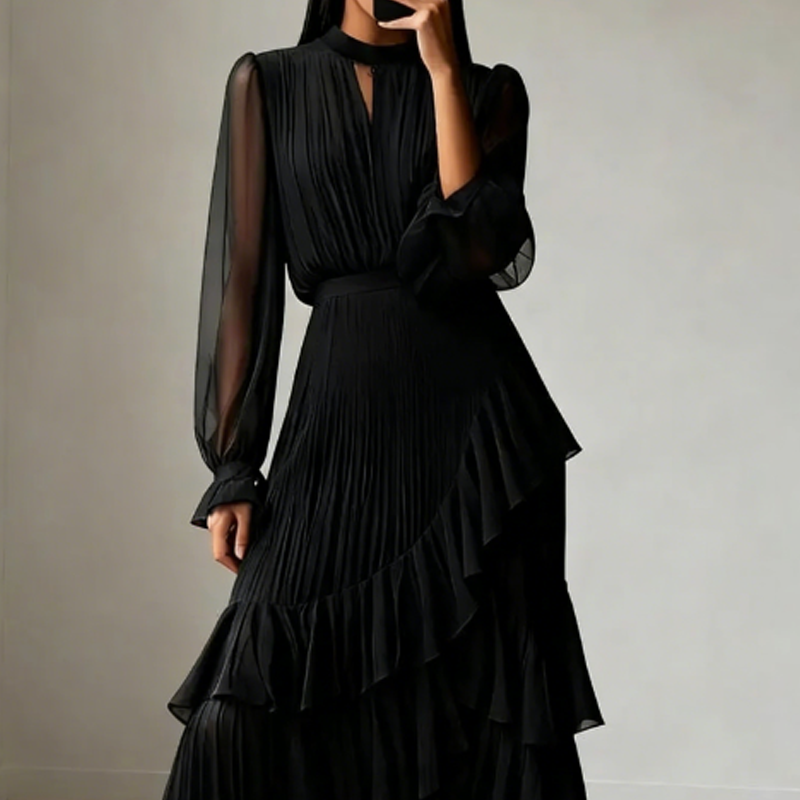 Womens Keyhole Neckline Ruffled Midi Dress