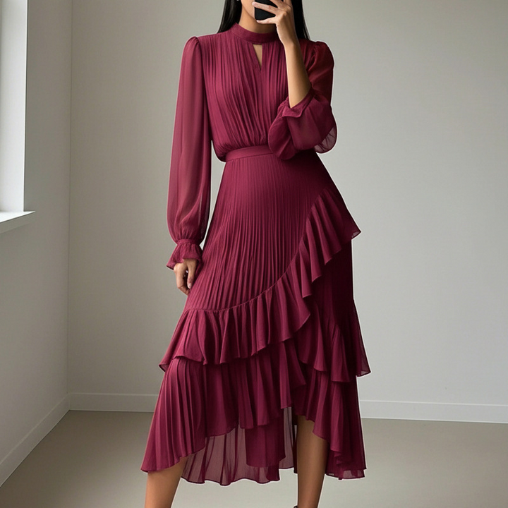 Womens Keyhole Neckline Ruffled Midi Dress
