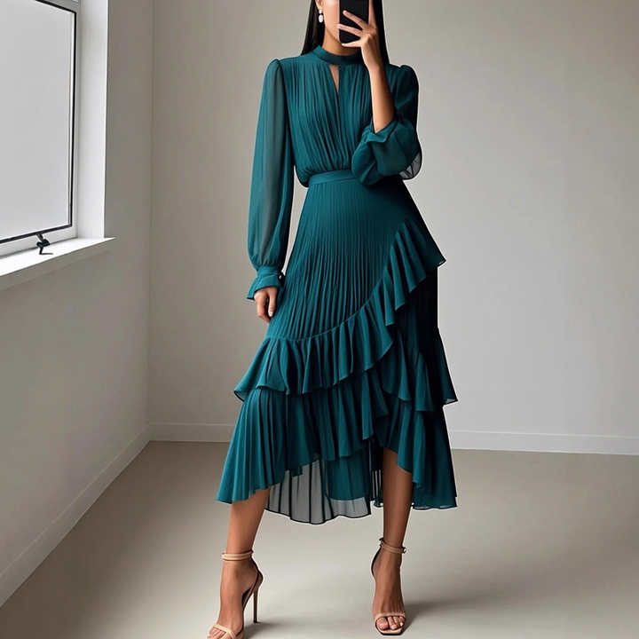 Womens Keyhole Neckline Ruffled Midi Dress