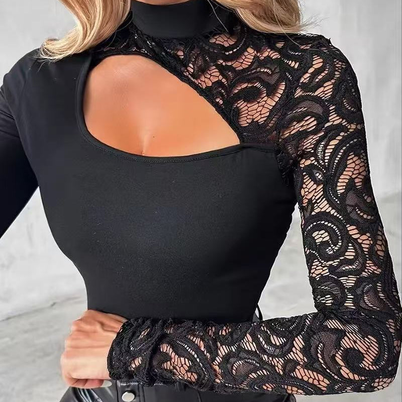 Women’s Top with Asymmetrical Cut-Out and Lace Sleeves